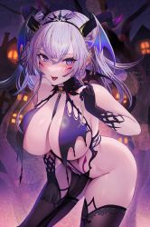 Rule 34 | 1girl, bare shoulders, blush, breasts, cleavage, demon girl, demon horns, facial mark, highres, horns, large breasts, long hair, looking at viewer, original, pointy ears, purple hair, revealing clothes, solo, thighhighs, udaruyo