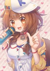 Rule 34 | 1girl, :3, :d, animal collar, animal ears, baseball cap, blush, bracelet, braid, brown eyes, brown hair, buttons, collar, collarbone, determined, dog ears, dog girl, dog tail, dress, eyelashes, fang, hair between eyes, hat, highres, holding, holding microphone, hololive, inugami korone, inugami korone (1st costume), jacket, jewelry, kimgaby, long hair, looking at viewer, low twin braids, low twintails, microphone, nail polish, off shoulder, open mouth, red collar, smile, solo, sparkling eyes, tail, twin braids, twintails, upper body, v-shaped eyebrows, virtual youtuber, white dress, yellow jacket, yellow nails