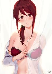 Rule 34 | anti (0324), bare shoulders, blush, bra, breasts, brown eyes, brown hair, cleavage, collarbone, curtains, dress shirt, highres, idolmaster, idolmaster cinderella girls, jewelry, large breasts, long hair, looking at viewer, mifune miyu, navel, necklace, off shoulder, open clothes, open shirt, pendant, ponytail, red bra, shirt, sidelocks, smile, solo, strap slip, swept bangs, underwear