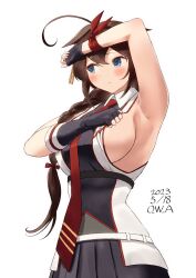 Rule 34 | 1girl, ahoge, arm up, armpits, artist name, black shirt, black skirt, blue eyes, blush, braid, braided ponytail, breasts, closed mouth, cowboy shot, dated, fingerless gloves, gloves, hair between eyes, hair flaps, hair ornament, highres, kantai collection, large breasts, necktie, owa (ishtail), pleated skirt, red necktie, shigure (kancolle), shigure kai ni (kancolle), shirt, sideboob, simple background, skirt, sleeveless, sleeveless shirt, solo, white background