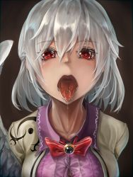 Rule 34 | 1girl, bow, bowtie, breasts, brooch, brown background, feathered wings, hair between eyes, half updo, haruno (kuromitugozen), highres, jacket, jewelry, kishin sagume, large breasts, looking at viewer, nose, open mouth, oral invitation, red bow, red bowtie, red eyes, saliva, saliva trail, single wing, solo, tongue, tongue out, touhou, upper body, uvula, wings