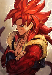 Rule 34 | 1boy, blue eyes, body fur, bracelet, collarbone, crossed arms, dragon ball, dragon ball gt, electricity, forehead, from side, gogeta, hungry clicker, jewelry, male focus, monkey tail, muscular, muscular male, red hair, smile, solo, spiked hair, super saiyan, super saiyan 4, tail, traditional media, vest