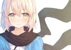 Rule 34 | 1girl, bad id, bad twitter id, black scarf, blonde hair, blush, closed mouth, collarbone, fate (series), hair between eyes, hakuishi aoi, half updo, haori, japanese clothes, kimono, koha-ace, looking at viewer, okita souji (fate), okita souji (koha-ace), scarf, shinsengumi, short hair, simple background, smile, solo, thighs, upper body, white background, white kimono, yellow eyes