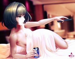 Rule 34 | 1girl, bare shoulders, bed sheet, bedroom, beer can, blue eyes, blurry, blurry background, blush, breasts, brown hair, can, cleavage, collarbone, controller, drink can, green eyes, green hair, heterochromia, highres, holding, holding can, holding remote control, idolmaster, idolmaster cinderella girls, indoors, infinote, looking away, lying, medium breasts, mole, mole under eye, naked sheet, on bed, on side, parted lips, remote control, short hair, sideboob, signature, solo, takagaki kaede, thighs, under covers