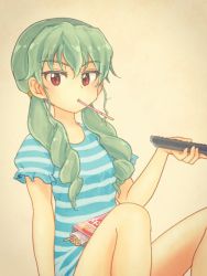 Rule 34 | 10s, 1girl, alternate hairstyle, anchovy (girls und panzer), blue shirt, brown background, casual, commentary, controller, drill hair, food, food in mouth, girls und panzer, green hair, hair over shoulder, hair tie, highres, holding, kosame koori, long hair, looking at viewer, mouth hold, pocky, red eyes, remote control, shirt, short sleeves, sitting, solo, striped clothes, striped shirt, traditional media, twin drills, twintails