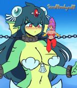 Rule 34 | 2girls, animated, artist name, bdsm, blush, bondage, bouncing breasts, bound, breasts, chain, colored skin, cuffs, fins, forehead jewel, giant, giantess, giga mermaid, gills, green skin, high ponytail, highres, jumping, long hair, looking at another, looking at viewer, mermaid, monster girl, multiple girls, navel, outdoors, pointy ears, ponytail, purple hair, red eyes, restrained, scruffmuhgruff, shackles, shantae, shantae (series), shell, shell bikini, size difference, strapless, video