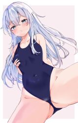 Rule 34 | 1girl, bare arms, bare legs, bare shoulders, black one-piece swimsuit, blue eyes, blush, breasts, calin, collarbone, grabbing own breast, grey hair, groin, hair between eyes, hibiki (kancolle), highres, kantai collection, long hair, one-piece swimsuit, open mouth, school swimsuit, small breasts, solo, swimsuit, thighs