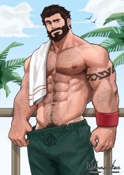 Rule 34 | 1boy, abs, akunaakun (kunkun586586), arm hair, arm tattoo, artist name, bara, beard, black hair, chest hair, cloud, day, facial hair, graves (league of legends), green male swimwear, hairy, highres, large pectorals, league of legends, male focus, male pubic hair, male swimwear, male swimwear pull, muscular, muscular male, navel hair, official alternate costume, outdoors, pectorals, pool party graves, pubic hair, pulling own clothes, short hair, sky, solo, tattoo, topless male, towel, towel on one shoulder, wristband