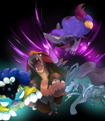 Rule 34 | alternate color, claws, creatures (company), entei, fangs, from side, game freak, gen 2 pokemon, gen 5 pokemon, highres, jumping, kagesha0121, legendary pokemon, looking at viewer, nintendo, no humans, orange eyes, pokemon, pokemon (creature), raikou, red eyes, sharp teeth, shiny pokemon, simple background, standing, suicune, teeth, tusks, zoroark