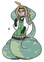 Rule 34 | 1girl, absurdres, ahoge, apron, arm up, black headband, blue eyes, blue pupils, blue ribbon, braid, dress, full body, green apron, green scales, headband, highres, hz ebfry, lamia, light brown hair, long sleeves, looking at viewer, low twin braids, monster girl, original, pointy ears, puffy long sleeves, puffy sleeves, ribbon, scales, signature, smile, snake hood, solo, striped apron, striped clothes, twin braids, white background