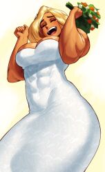 Rule 34 | 1girl, abs, absurdres, beverly (nortuet), blonde hair, blush, bouquet, breasts, bride, cleavage, dark-skinned female, dark skin, dress, flower, highres, holding, holding bouquet, large breasts, long hair, muscular, muscular female, open mouth, original, smile, solo, sotcho, strapless, strapless dress, tearing up, thick eyebrows, wedding dress, white dress