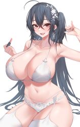 Rule 34 | 1girl, ahoge, azur lane, bare shoulders, black hair, black nails, bra, breasts, cleavage, collarbone, commentary, commentary request, cosmetics, crossed bangs, earrings, garter belt, hair between eyes, hair ornament, hands up, highres, holding, holding lipstick tube, huge breasts, invisible chair, jewelry, kuavera, lipstick tube, long hair, nail polish, navel, one side up, open mouth, panties, red eyes, simple background, sitting, skindentation, smile, solo, taihou (azur lane), teeth, thick thighs, thighhighs, thighs, underwear, underwear only, upper teeth only, very long hair, white background, white bra, white panties, white thighhighs