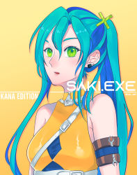 Rule 34 | 1girl, absurdres, aqua hair, armband, blue hair, breasts, character name, commentary, cosplay, ear piercing, earrings, english commentary, green eyes, hair between eyes, hair ornament, highres, indie virtual youtuber, jewelry, looking at viewer, multicolored hair, open mouth, piercing, saki.exe, saki.exe (artist), shinoda kana, shinoda kana (cosplay), small breasts, solo, twitter username, upper body, virtual youtuber, wrench, x hair ornament, yellow background