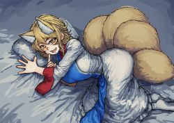 Rule 34 | 1girl, :d, animal ears, blonde hair, blush, breasts, chanta (ayatakaoisii), finger to mouth, fox ears, fox tail, hair between eyes, highres, huge breasts, long skirt, long sleeves, looking at viewer, lying, multiple tails, on bed, on side, open mouth, pillow, shirt, short hair, shushing, skirt, slit pupils, smile, socks, solo, tabard, tail, touhou, white shirt, white skirt, white socks, wide sleeves, yakumo ran