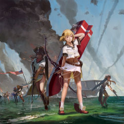 Rule 34 | 6+girls, absurdres, american flag, blonde hair, bow (weapon), braid, brown hair, character request, chinese commentary, commentary request, crossbow, enterprise (pacific), flight deck, gun, hair ribbon, hat, highres, hornet (pacific), jeanex, kantai collection, midriff, multiple girls, musket, navel, pacific (kancolle), red eyes, ribbon, short hair, short sleeves, smoke, socks, striped clothes, striped thighhighs, thighhighs, tricorne, twin braids, weapon, white socks, yorktown (pacific)