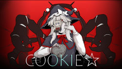 Rule 34 | 1boy, alice margatroid, black capelet, black hat, black vest, blonde hair, blue eyes, bow, bowtie, candy, capelet, chocolate, chocolate heart, claws, commentary request, cookie (touhou), copyright name, crab claw, food, grin, hat, hat bow, hazuna rio, heart, hinase (cookie), king (vocaloid), kirisame marisa, long hair, long sleeves, male focus, masked, mouth pull, parnkgjas, red background, red bow, red bowtie, shanghai doll, shirt, smile, solo, teeth, throne, touhou, upper body, uzuki (cookie), vest, vocaloid, white bow, white shirt, witch hat