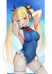 Rule 34 | 1girl, absurdres, armpits, arms behind head, azur lane, black ribbon, blonde hair, blue eyes, blue one-piece swimsuit, breasts, bridal garter, covered navel, dead or alive, frilled swimsuit, frills, hair ornament, hair ribbon, highres, long hair, looking at viewer, marie rose, medium breasts, mr2d, one-piece swimsuit, open mouth, ribbon, smile, solo, standing, swimsuit, thighs, twintails, very long hair, wet, x hair ornament