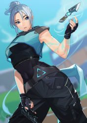 Rule 34 | 1girl, absurdres, animification, blue eyes, blurry, blurry background, breasts, commentary request, covered navel, cowboy shot, fingerless gloves, gloves, gun, hair between eyes, handgun, highres, holding, holding gun, holding weapon, jett (valorant), kagematsuri, kunai, looking at viewer, medium breasts, parted lips, pistol, ponytail, silver hair, sleeveless, solo, teeth, twitter username, valorant, watermark, weapon