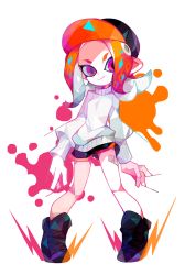 Rule 34 | 1girl, amakusa (hidorozoa), baseball cap, black hat, boots, closed mouth, dolphin shorts, hat, long sleeves, looking at viewer, nintendo, octoling, octoling girl, octoling player character, orange hair, paint splatter, pigeon-toed, pink eyes, pointy ears, short shorts, shorts, solo, splatoon (series), splatoon 2, splatter, standing, sweater, tentacle hair, white background, white sweater