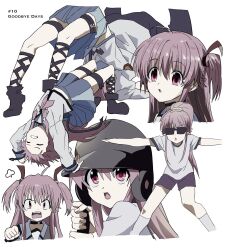 Rule 34 | 1girl, ahoge, alternate costume, alternate hairstyle, angel beats!, angry, baseball bat, black footwear, blue sailor collar, blue skirt, body bridge, boots, clenched hand, clenched teeth, close-up, english text, fang, feet out of frame, gym uniform, hair between eyes, highres, holding, holding baseball bat, kasukasugom1, long hair, looking at viewer, miniskirt, multiple views, neckerchief, open mouth, outstretched arm, outstretched arms, pink eyes, pink hair, pink neckerchief, pleated skirt, ponytail, puff of air, sailor collar, serious, shinda sekai sensen uniform, shirt, short sleeves, sidelocks, simple background, skirt, solo, straight hair, sunglasses, tareme, teeth, two side up, upper teeth only, v-shaped eyebrows, white background, white shirt, wide shot, yui (angel beats!)