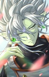 1boy blurry closed_mouth colored_skin commentary depth_of_field dragon_ball dragon_ball_super earrings falling_petals floating_earring floating_hair fused_zamasu green_pupils green_skin grey_eyes hashtag-only_commentary highres jewelry looking_to_the_side luna_306 male_focus parted_bangs petals pointy_ears potara_earrings short_hair silver_ring solo symbol-only_commentary upper_body