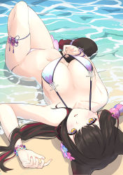 Rule 34 | 1girl, absurdres, bikini, black hair, blue archive, blush, breasts, cleavage, collarbone, hair ornament, highres, kakimoto nao, large breasts, long hair, looking at viewer, lying, on back, parted lips, solo, swimsuit, thigh strap, thighs, upside-down, wakamo (blue archive), water, yellow eyes