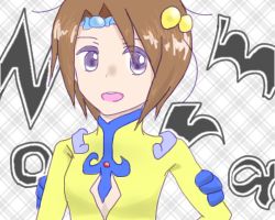 Rule 34 | 1girl, breasts, brown hair, cleavage cutout, clothing cutout, dress, hair ornament, lowres, norma beatty, open mouth, purple eyes, short hair, tales of (series), tales of legendia