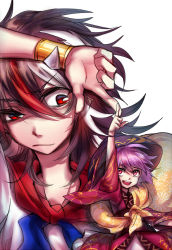 Rule 34 | 2girls, :d, arm up, bad id, bad pixiv id, black hair, bracelet, floral print, grey horns, horns, index finger raised, japanese clothes, jewelry, kijin seija, kimono, looking at another, mini person, minigirl, multicolored hair, multiple girls, open mouth, purple hair, red eyes, red hair, red kimono, sack, short hair, simple background, smile, streaked hair, sukuna shinmyoumaru, touhou, uneven eyes, upper body, white background, white hair, wide sleeves, yudaoshan