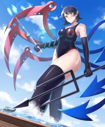 Rule 34 | 1girl, absurdres, ahoge, asymmetrical wings, black hair, black one-piece swimsuit, black thighhighs, blue sky, boat, breasts, cloud, commission, giant, giantess, highres, holding trident, houjuu nue, looking at viewer, medium breasts, numaguro (tomokun0808), ocean, one-piece swimsuit, outdoors, pointy ears, red eyes, short hair, skeb commission, sky, smile, swimsuit, thighhighs, touhou, watercraft, wings