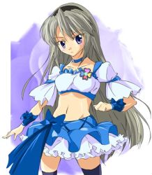 Rule 34 | 1girl, blue skirt, clannad, cosplay, cure berry, cure berry (cosplay), face, fresh precure!, long hair, magical girl, precure, sakagami tomoyo, silver hair, skirt, solo, thighhighs, umanosuke