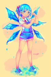 Rule 34 | &gt;:), 1girl, alternate costume, artist name, belt, blue belt, blue eyes, blue footwear, blue hair, blue shorts, cirno, clenched hand, cloudytian, collared shirt, commentary, english text, frilled shorts, frills, hair ribbon, hand on own arm, highres, ice, ice wings, looking at viewer, melting, neck ribbon, no hair bow, orange background, overalls, ponytail, puddle, red ribbon, ribbon, shirt, shoes, short hair, short sleeves, shorts, simple background, smile, sneakers, solo focus, tan, tanned cirno, touhou, v-shaped eyebrows, white shirt, wings, yellow background