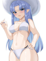 Rule 34 | 1girl, 72 (mmmmkk), bare shoulders, bikini, black panties, blue eyes, blue hair, blue nails, blush, braid, breasts, collarbone, commentary request, cowboy shot, fate/grand order, fate/stay night, fate (series), from below, hand on own hip, hand up, hat, highres, long hair, looking at viewer, medea (fate), medium breasts, nail polish, navel, open mouth, panties, pointy ears, side braid, simple background, solo, stomach, sun hat, swimsuit, underwear, white background, white bikini, white hat