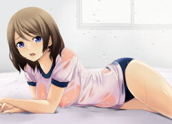 Rule 34 | 1girl, arm support, bed sheet, blue buruma, blue eyes, blush, breasts, brown hair, buruma, commentary request, covered erect nipples, covered navel, day, frown, gym shirt, gym uniform, indoors, lips, looking at viewer, love live!, love live! sunshine!!, lying, medium breasts, nipples, nonaka ritsu, on bed, on stomach, open mouth, see-through, see-through shirt, shiny skin, shirt, short hair, short sleeves, solo, swept bangs, tareme, thighs, watanabe you, wet, wet buruma, wet clothes, wet shirt, white shirt, window