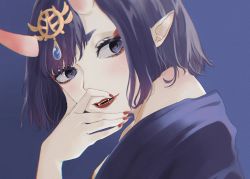 Rule 34 | 1girl, commentary, eyeshadow, fangs, fate/grand order, fate (series), fingernails, headpiece, highres, horns, japanese clothes, jewelry, kimono, lipstick, makeup, muxi, nail polish, off shoulder, pale skin, parted lips, pointy ears, portrait, purple eyes, purple hair, red eyeshadow, red lips, red nails, sharp fingernails, short hair, shuten douji (fate), sidelocks, skin-covered horns, solo, upper body