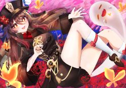 Rule 34 | 1girl, absurdres, black hat, black nails, black shorts, breasts, brooch, brown hair, coat, coattails, collared coat, collared shirt, flower, flower-shaped pupils, genshin impact, ghost, hair between eyes, hat, hat flower, hat ornament, highres, hu tao (genshin impact), jewelry, long hair, long sleeves, looking at viewer, nail polish, open mouth, plum blossoms, porkpie hat, red eyes, red shirt, ring, shirt, shorts, smile, socks, solo, symbol-shaped pupils, talisman, tassel, twintails, very long hair, wellski, white socks