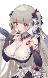 Rule 34 | 1girl, absurdly long hair, asagi yuna, ascot, azur lane, black nails, blush, breasts, bridal gauntlets, cleavage, commentary request, corset, dress, earrings, feet out of frame, formidable (azur lane), frills, gothic lolita, hair ribbon, highres, jewelry, large breasts, lolita fashion, long hair, looking at viewer, nail polish, platinum blonde hair, red eyes, ribbon, solo, tongue, tongue out, two-tone dress, two-tone ribbon, very long hair