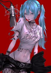 1girl absurdres bandaid belt blue_eyes blue_hair chain choker earrings fishnet_pantyhose fishnets hair_between_eyes hatsune_miku highres jewelry looking_at_viewer mano_aaa microphone navel necklace pantyhose parted_lips red_background red_lips short_sleeves spiked_choker spikes tattoo twintails vocaloid