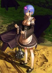 Rule 34 | 10s, apron, blood, blood on face, blue eyes, blue hair, breasts, closed mouth, corpse, death, empty eyes, expressionless, flail, full body, glowing horns, grass, highres, holding, holding weapon, horns, looking at viewer, maid, maid apron, medium breasts, murder, no socks, oni, oni horns, pantyhose, re:zero kara hajimeru isekai seikatsu, rem (re:zero), single horn, solo focus, standing, wasabi60, weapon, white legwear