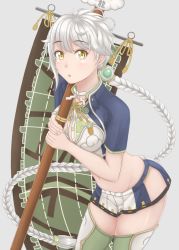 Rule 34 | 10s, 1girl, :o, asymmetrical hair, blue shirt, braid, breasts, character name, cloud print, crop top, flight deck, green thighhighs, highres, hip vent, holding, holding staff, kantai collection, large breasts, leaning forward, lips, long hair, looking at viewer, midriff, miniskirt, navel, ochiai miyabi, open mouth, pleated skirt, shirt, short sleeves, silver hair, single braid, skirt, solo, staff, thighhighs, thighs, unryuu (kancolle), very long hair, yellow eyes