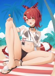 Rule 34 | 1girl, act (xadachit), bare legs, beach towel, bikini, bikini under clothes, black bikini, black choker, blue sky, breasts, candy, choker, collarbone, commission, crop top, day, flip-flops, food, girls&#039; frontline, hair ornament, hairclip, hand on own knee, highres, holding, holding food, innertube, lollipop, looking at viewer, mp7 (girls&#039; frontline), mp7 (lollipop ammo) (girls&#039; frontline), navel, open mouth, outdoors, palm tree, red hair, sandals, see-through, short hair, short ponytail, short sleeves, sitting, sky, small breasts, solo, swim ring, swimsuit, thighs, towel, tree, yellow eyes