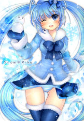 Rule 34 | 1girl, blue eyes, blue hair, bow, bowtie, hair bow, hatsune miku, headphones, long hair, looking at viewer, matching hair/eyes, one eye closed, open mouth, panties, pantyshot, shinonome86, skirt, smile, snowman, solo, striped clothes, striped panties, thighhighs, twintails, underwear, upskirt, very long hair, vocaloid, wink, yuki miku