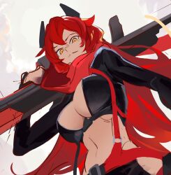 Rule 34 | 1girl, anti-materiel rifle, black gloves, breasts, bullpup, cleavage, crop top, cropped jacket, fingerless gloves, from below, gloves, goddess of victory: nikke, gun, headgear, highres, holding, holding weapon, large breasts, long hair, looking at viewer, midriff, navel, orange eyes, rakaieye, red hair, red hood (nikke), red scarf, rifle, scarf, sketch, smile, sniper rifle, solo, unfinished, very long hair, weapon
