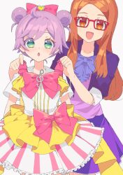 Rule 34 | 2girls, :d, :o, ahoge, akai meganee, akai meganee (pripara), blush, bow, bowtie, brown eyes, brown hair, collarbone, cowboy shot, double bun, dress, dress bow, frilled dress, frilled skirt, frills, glasses, green eyes, grey background, hair bow, hair bun, hair ornament, hands up, heart, highres, jacket, layered skirt, long hair, looking at viewer, manaka laala, multiple girls, musical note, open mouth, parted bangs, pink bow, pretty series, pripara, purple bow, purple dress, purple hair, purple jacket, purple shirt, purple skirt, red-framed eyewear, ribbon, shirt, short sleeves, sidelocks, simple background, skirt, smile, standing, striped clothes, striped skirt, treble clef, tsujii luki, vertical-striped clothes, vertical-striped skirt, white shirt
