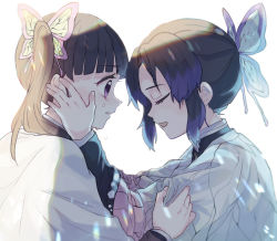 Rule 34 | 2girls, black hair, black jacket, blunt bangs, bug, butterfly, butterfly hair ornament, closed eyes, commentary request, crying, crying with eyes open, from side, gradient hair, hair ornament, hands on another&#039;s arms, hands on another&#039;s cheeks, hands on another&#039;s face, haori, insect, jacket, japanese clothes, kimetsu no yaiba, kochou shinobu, long hair, long sleeves, looking at another, multicolored hair, multiple girls, open mouth, parted bangs, purple eyes, purple hair, side ponytail, tamakibi, tears, tsuyuri kanao, upper body, white background