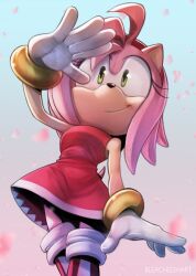 Rule 34 | 1girl, absurdres, amy rose, artist name, bleachedhart, blue sky, boots, dress, falling petals, furry, furry female, gloves, green eyes, highres, petals, pink dress, sky, solo, sonic (series), watermark, white gloves