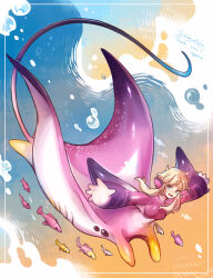 Rule 34 | 1girl, air bubble, animal, blonde hair, blue background, blue eyes, bubble, colored skin, commission, fins, fish, full body, gills, gradient background, head fins, highres, hogara, long hair, looking at viewer, manta ray girl, monster girl, multicolored skin, open mouth, original, outstretched arms, oversized forearms, oversized limbs, pink skin, purple skin, sidelocks, skeb commission, solo, spread arms, swimming, taur, white skin, yellow background, yellow skin