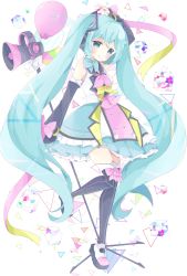 Rule 34 | 1girl, 39, :q, absurdres, arm up, bad id, bad pixiv id, balloon, bare shoulders, black thighhighs, blue eyes, blue hair, blue skirt, blush, bow, closed mouth, commentary request, cube, detached sleeves, frilled skirt, frills, hair ornament, hatsune miku, head tilt, headphones, highres, long hair, long sleeves, looking at viewer, magical mirai (vocaloid), magical mirai miku, magical mirai miku (2018), megaphone, pink bow, shirt, shoes, sidelocks, skirt, sleeveless, sleeveless shirt, sleeves past wrists, smile, solo, thighhighs, tongue, tongue out, tsukiyo (skymint), very long hair, vocaloid, white background, white bow, white footwear, white shirt, yellow bow