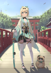 Rule 34 | 1girl, architecture, bird, black gloves, black skirt, blonde hair, blue eyes, blue sky, bowsan, breasts, bridge, chest sarashi, cleavage, closed mouth, collarbone, covered navel, east asian architecture, fingerless gloves, full body, gloves, green skirt, hair ornament, hand on weapon, haori, hololive, japanese clothes, katana, kazama iroha, leaf hair ornament, light smile, long hair, looking at viewer, outdoors, pleated skirt, pokobee, ponytail, sarashi, scabbard, sheath, sheathed, shrug (clothing), skirt, sky, sword, tanuki, thighhighs, torii, tree, two-tone skirt, virtual youtuber, weapon, white thighhighs, wide sleeves, wooden bridge