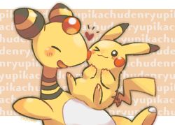 &gt; o, ampharos, artist name, blush, character name, closed mouth, commentary request, creatures (company), eyes closed, game freak, gen 1 pokemon, gen 2 pokemon, happy, heart, nintendo, no humans, one eye closed, open mouth, pikachu, pokemon, pokemon (creature), smile, tansho, tongue