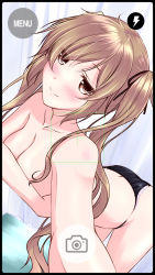 Rule 34 | 10s, 1girl, black border, black panties, black ribbon, blurry, blush, border, breasts, brown eyes, cleavage, closed mouth, collarbone, covering privates, covering breasts, curtains, depth of field, dutch angle, english text, eyebrows, eyelashes, from above, hair ribbon, kantai collection, lace, lace-trimmed panties, lace trim, leaning forward, light brown hair, long hair, looking at viewer, messy hair, mikage takashi, murasame (kancolle), no pants, panties, reaching, reaching towards viewer, ribbon, selfie, smile, solo, taking picture, text focus, topless, twintails, underwear, underwear only, viewfinder